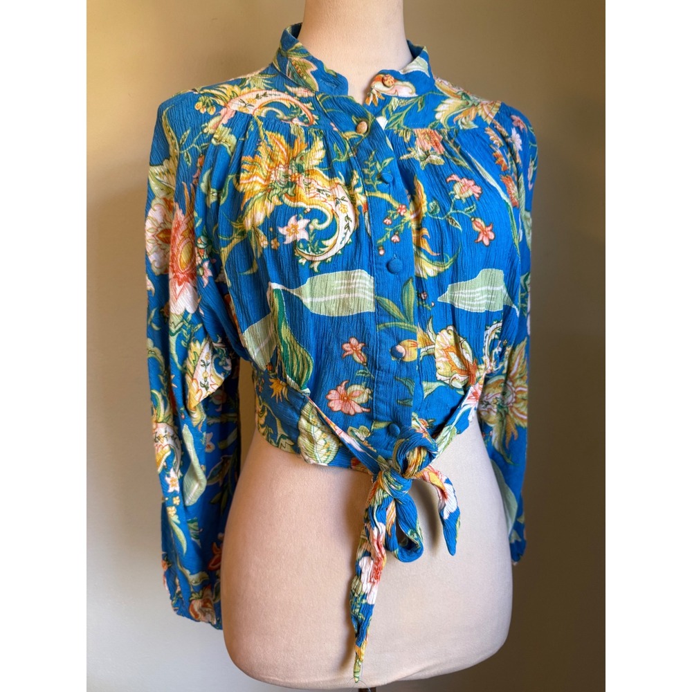 Rachel Zoe Blue Floral Paisley‎ Cropped Tie boho resort beach y2k dainty Small